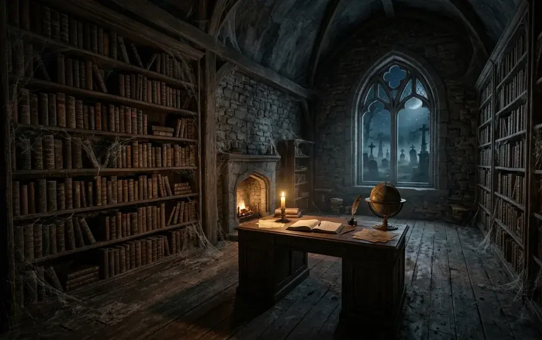 AI image: gloomy library with bookshelves, a fireplace and a pointed-arch window looking onto a graveyard