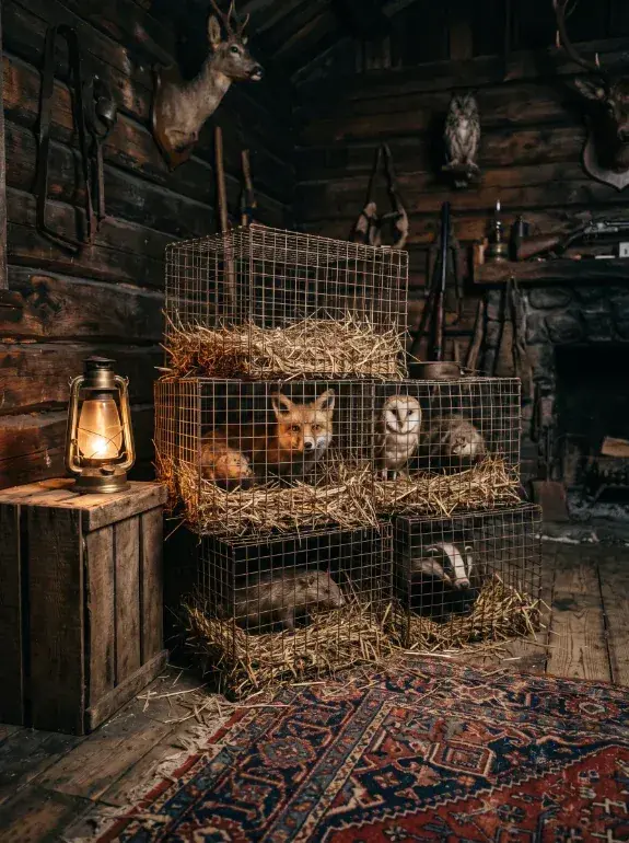 AI image: stacked cages with wild animals in the hunting cabin, a lantern beside them