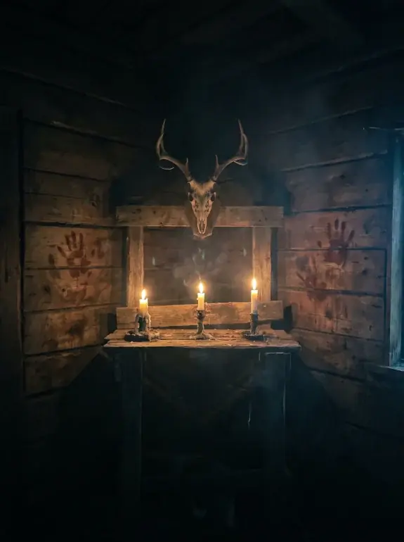 AI image: deer skull above a table with candles, bloody handprints on the wooden wall