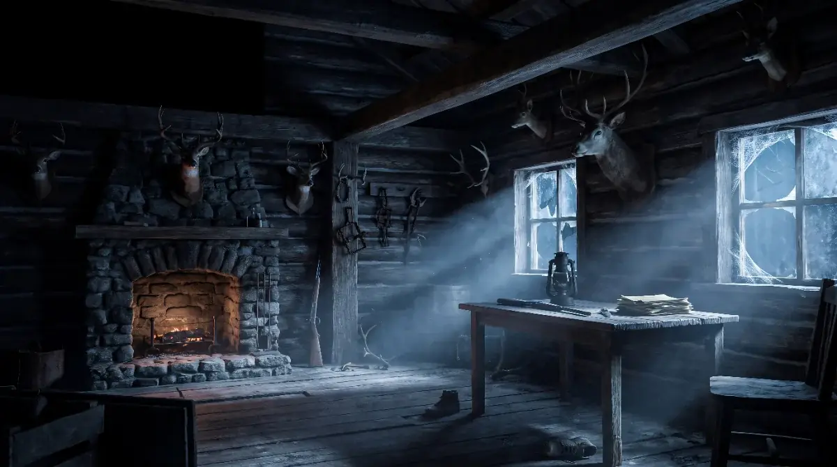 AI image: The Hunt: abandoned hunting cabin with a fireplace, antler trophies and broken windows