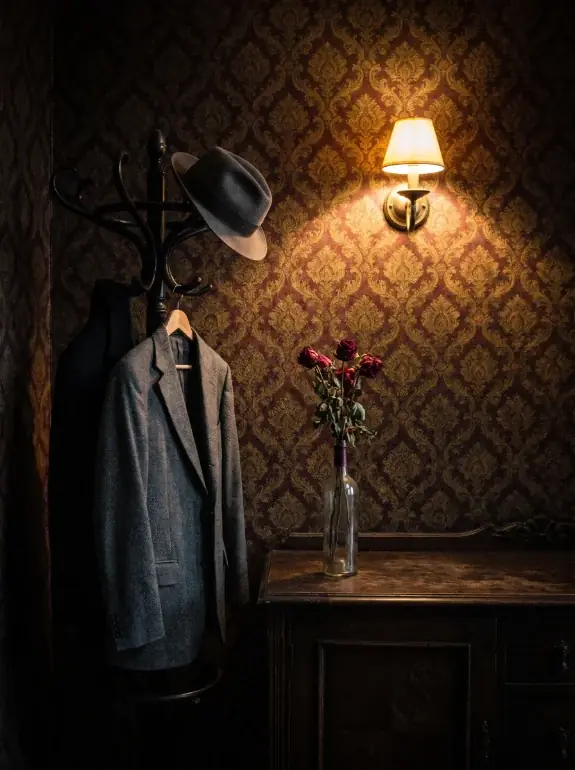 AI image: coat stand with a hat and jacket against damask wallpaper, a wall lamp and wilted roses beside it