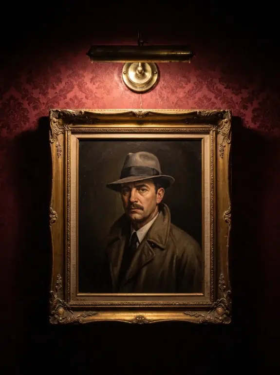 AI image: oil portrait of a man in a hat and trench coat in a gold frame