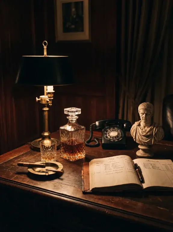 AI image: desk with a whisky decanter, rotary telephone, cigar, bust and an open ledger