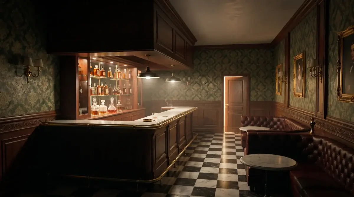 AI image: Operation Mafia: bar with a wooden counter, illuminated spirits shelf, Chesterfield benches and a chequerboard floor