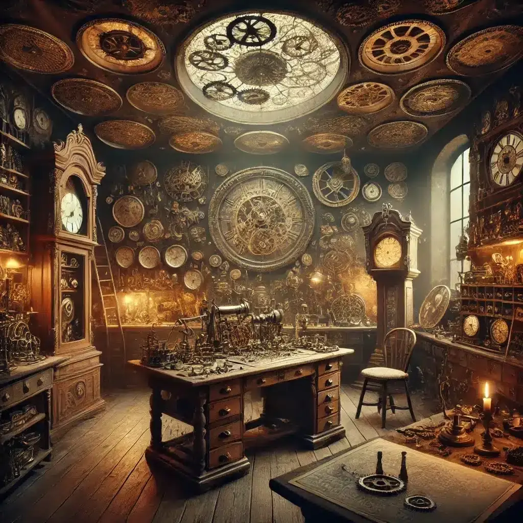 AI image: The Watchmaker's Secret: workshop with grandfather clocks, gears on the walls and a work table