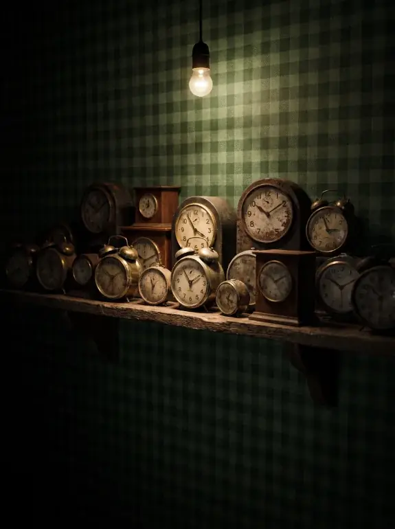 AI image: shelf with old alarm clocks and table clocks under a bare light bulb