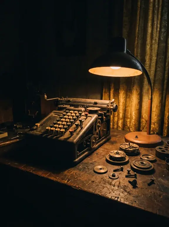 AI image: old typewriter with gears on the workbench, a desk lamp beside it