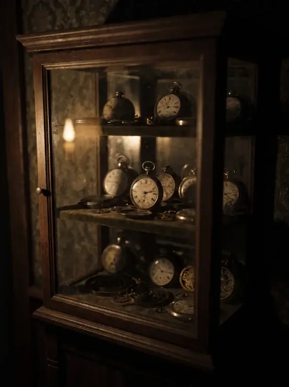 AI image: display case of pocket watches in the half-light